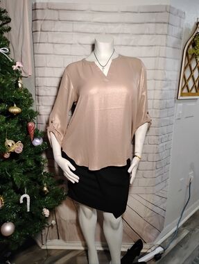 Maurices Shimmery Beige V-Neck Roll-Tab Sleeve Blouse